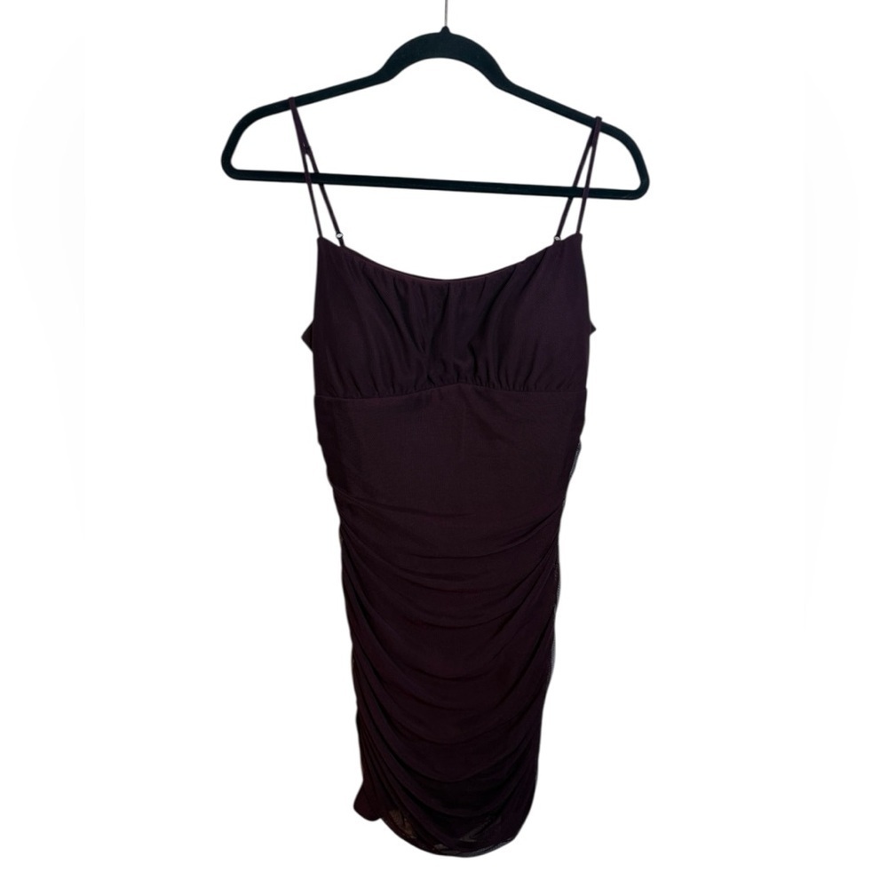 Emerald Sundae Eggplant Ruched Mesh Mini Dress
